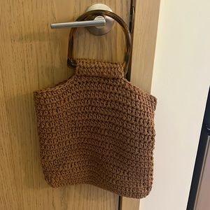 Aerie Brown Crochet Summer Beach Purse Bag with Tortoise Handles